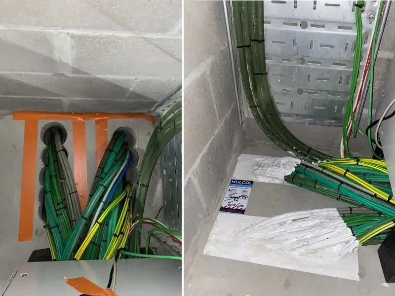 Kabelbundels door een blokkenwand, voor en na het afdichten